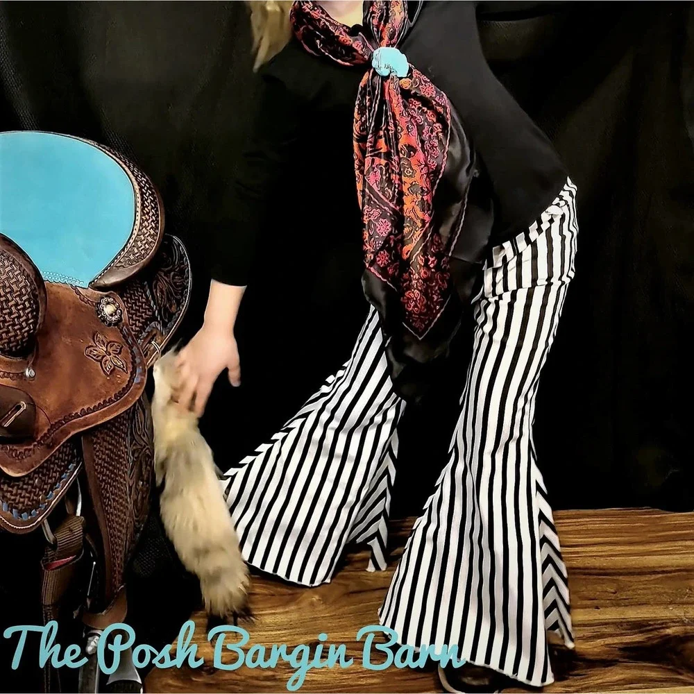 🤠Youth Black & White Striped Bell High Rise Flare Punchy Girls Jeans - Picture 2 of 5